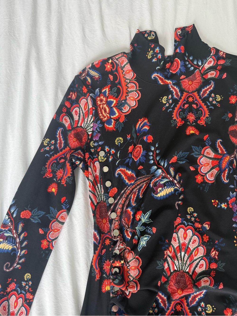Paco Rabanne Black Long-Sleeve Paisley A-Line Dress with Red Accents - Picture 3 of 9